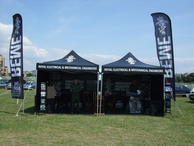 Two 3x3m black pop-up gazebos and flags made for REME