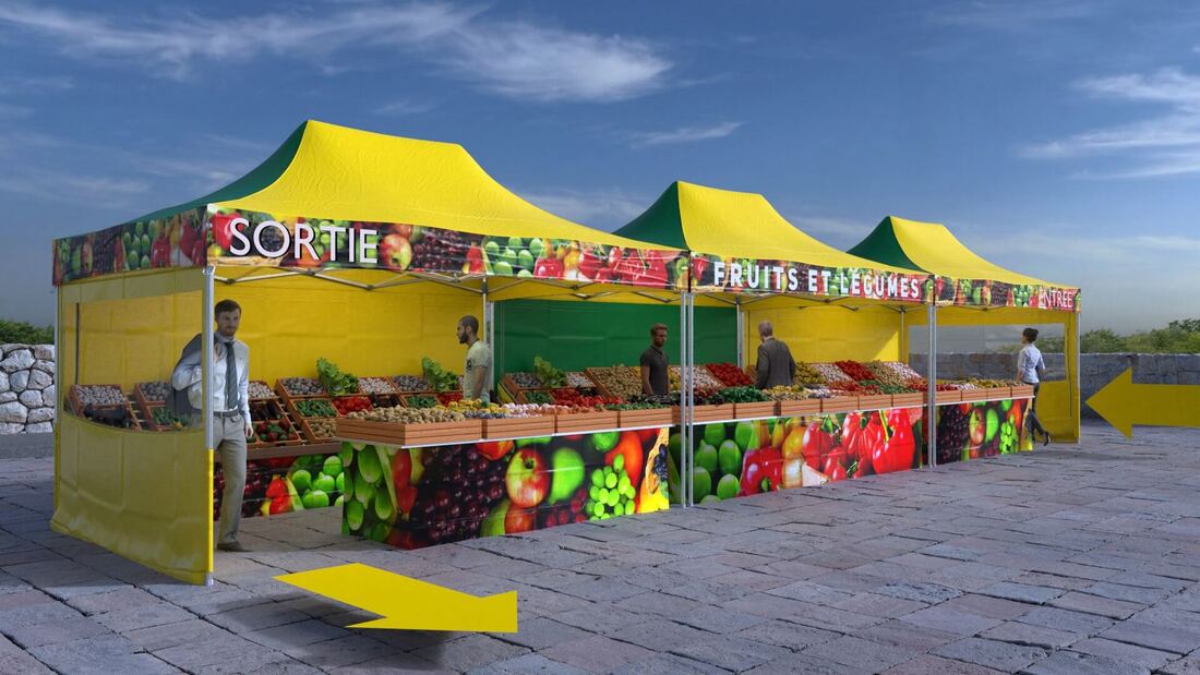 Folding market stall with pop-up system