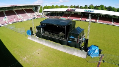 2x 3x6m XP gazebos in black for stage side monitor cover
