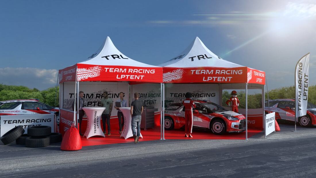 Rally paddock tent and pop-up gazebo for motorsports teams